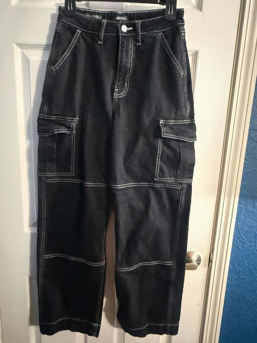 Wild Fable Super High-Rise Baggy Cargo Jeans Y2K Black White Stitching